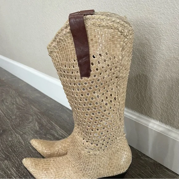 Gianni Barbato Beige Leather Braided Western Boots - Picture 4 of 12